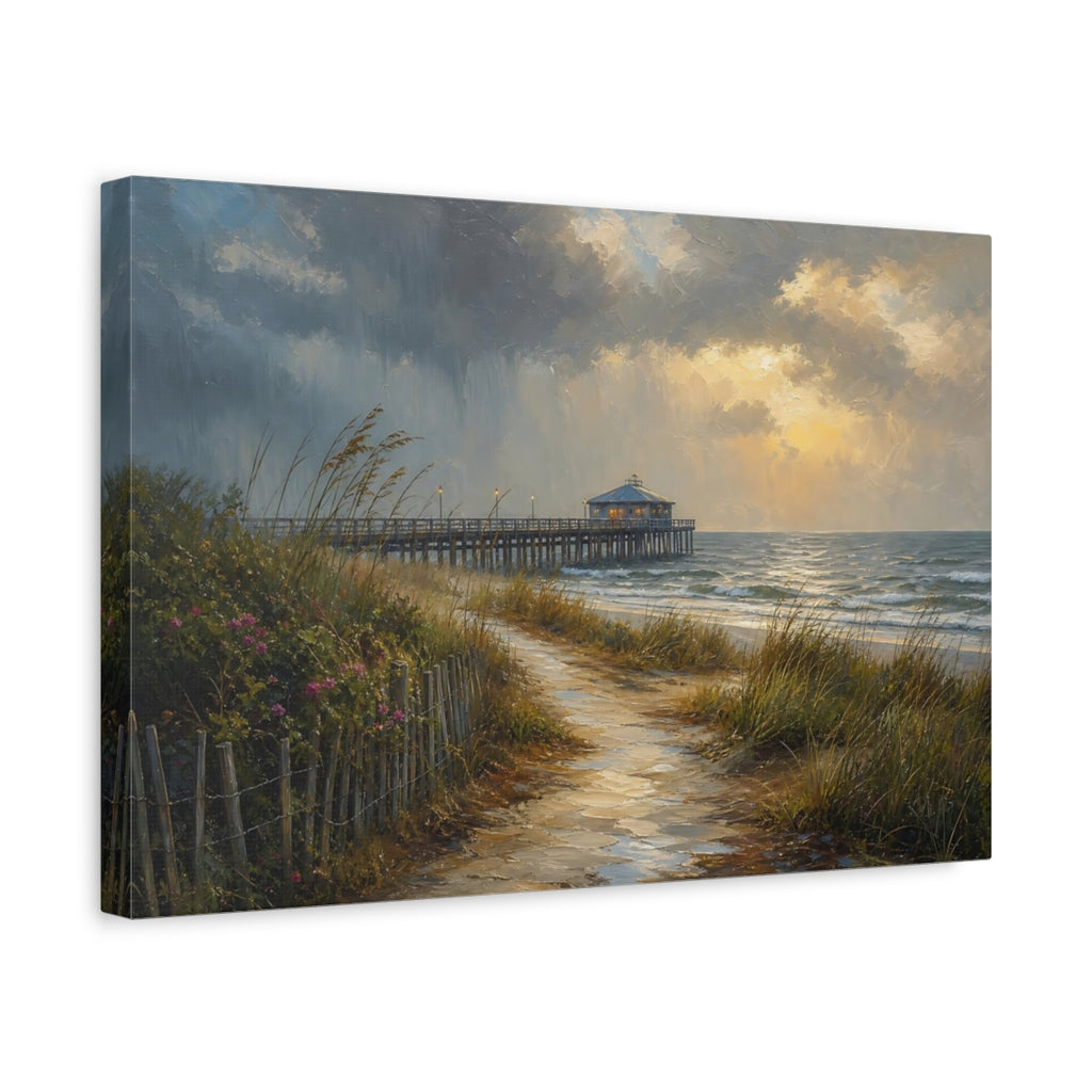 Side Mockup 4. Nature Coastal Pier Coastal Sunset shown as stretched canvas wall art