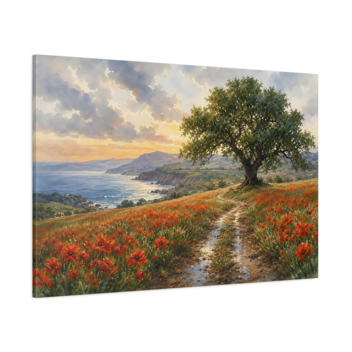 Side Mockup 1. Nature Coastal Poppy Field Red Poppies Coast shown as stretched canvas wall art