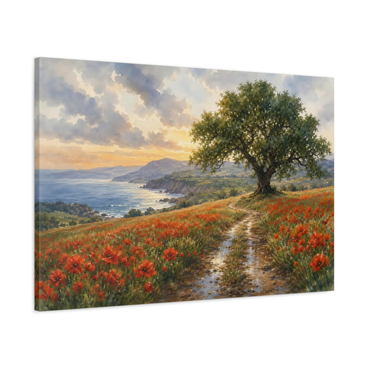 Main Mockup. Nature Coastal Poppy Field Red Poppies Coast shown as stretched canvas wall art