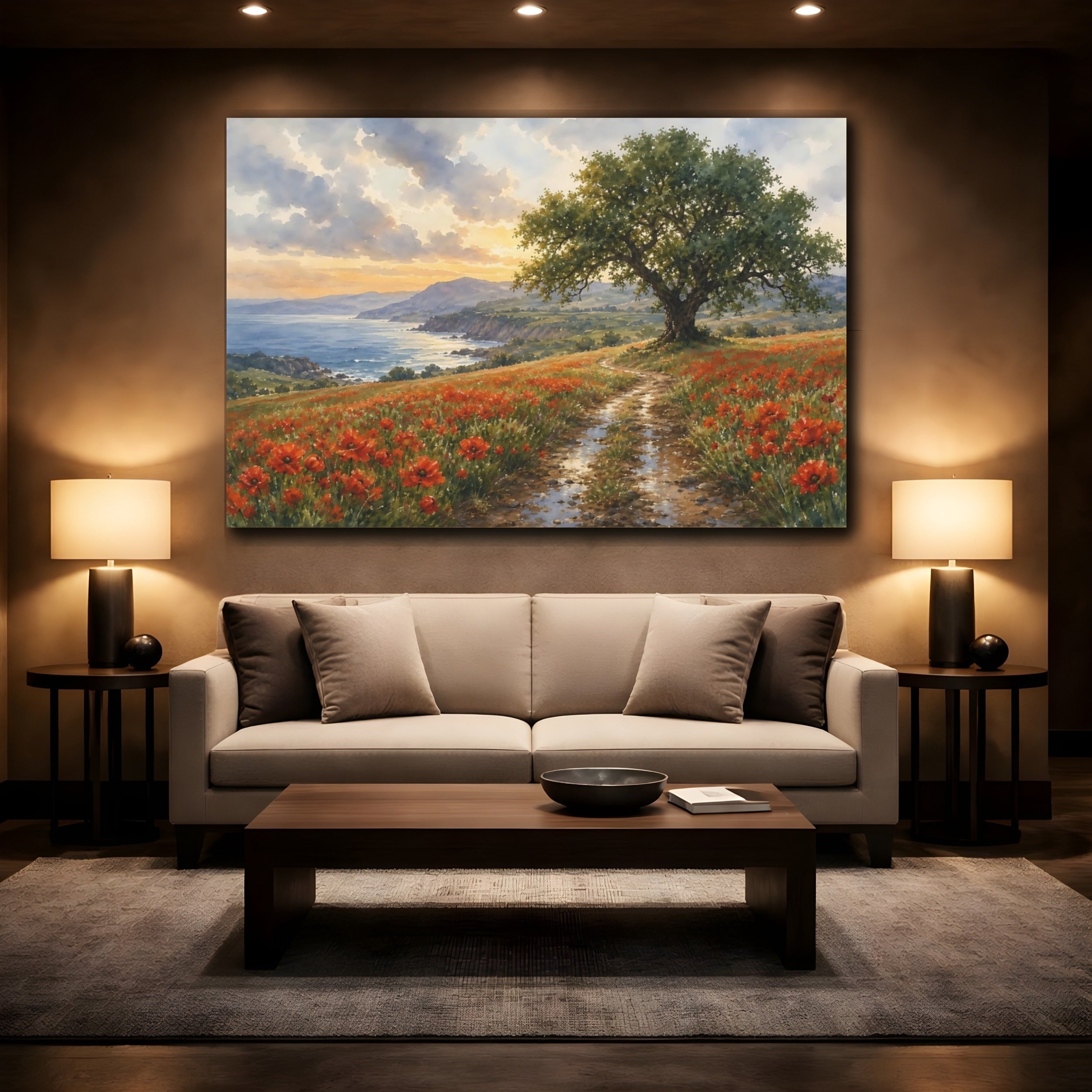 Mockup 2. Nature Coastal Poppy Field Red Poppies Coast shown as stretched canvas wall art