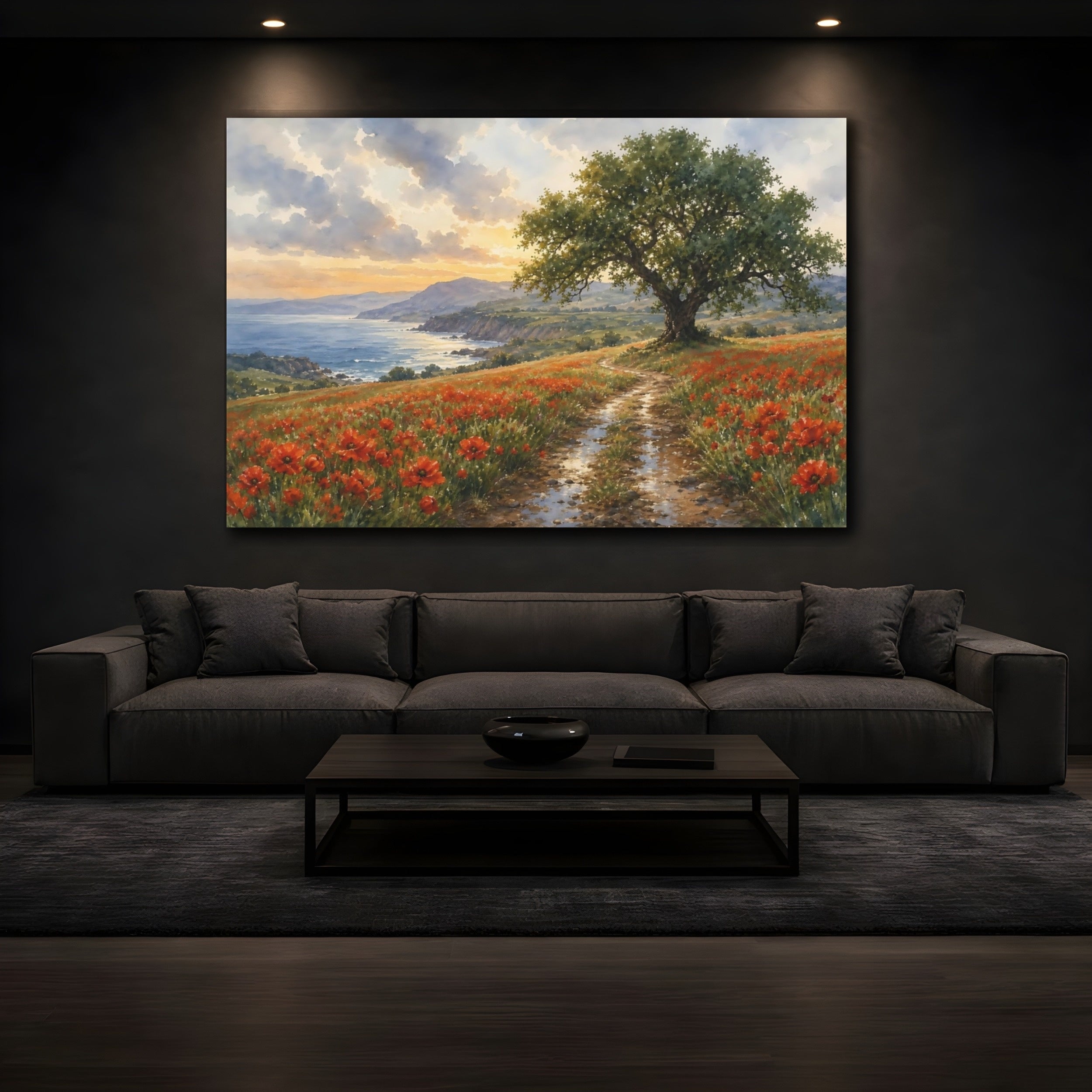 Mockup 3. Nature Coastal Poppy Field Red Poppies Coast shown as stretched canvas wall art