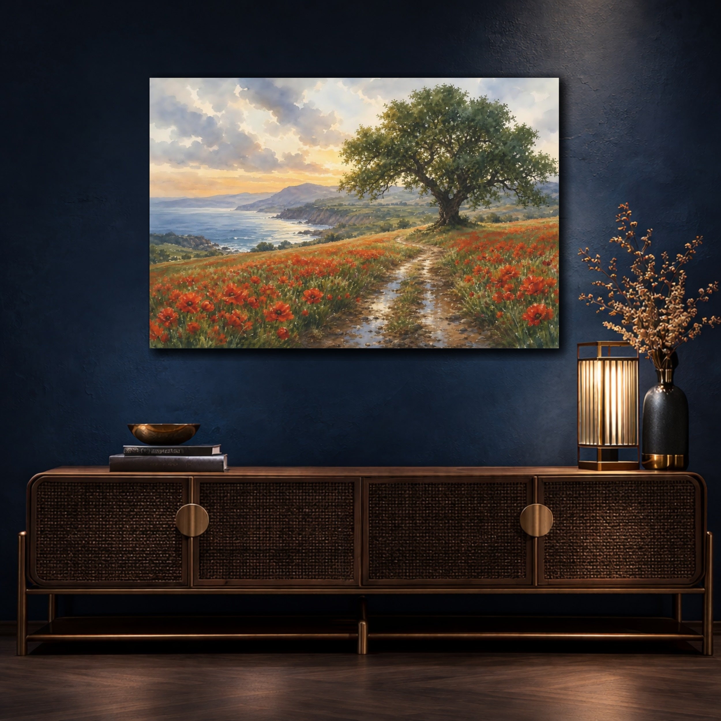 Mockup 4. Nature Coastal Poppy Field Red Poppies Coast shown as stretched canvas wall art