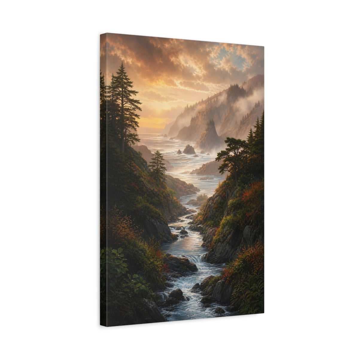 Side Mockup 3. Nature Coastal River Golden Coastal River shown as stretched canvas wall art
