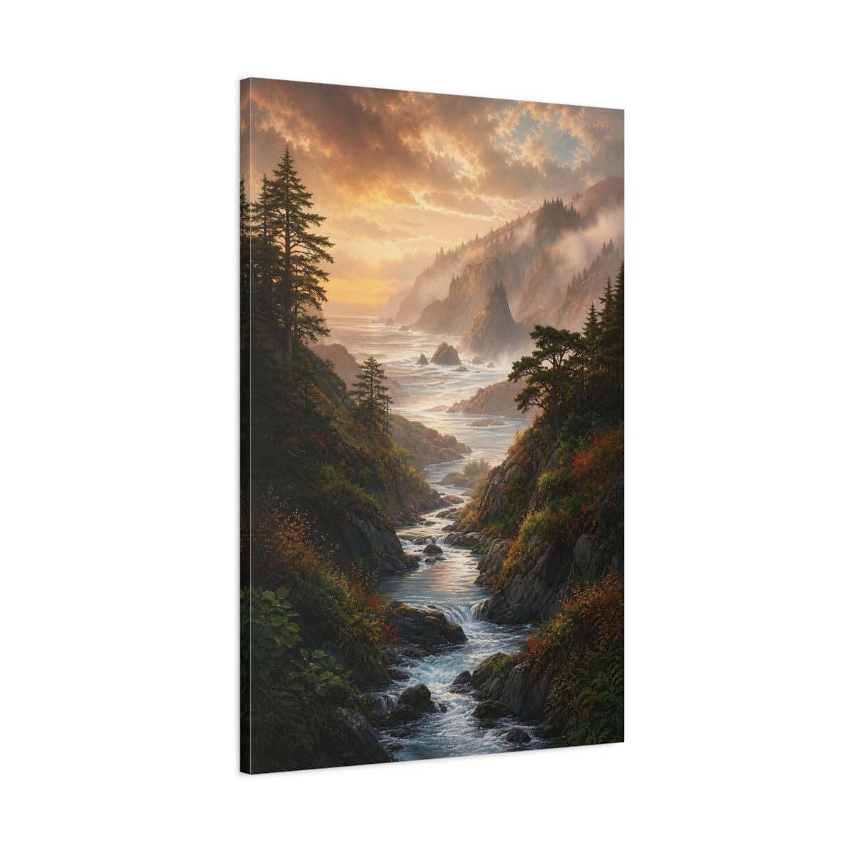Main Mockup. Nature Coastal River Golden Coastal River shown as stretched canvas wall art