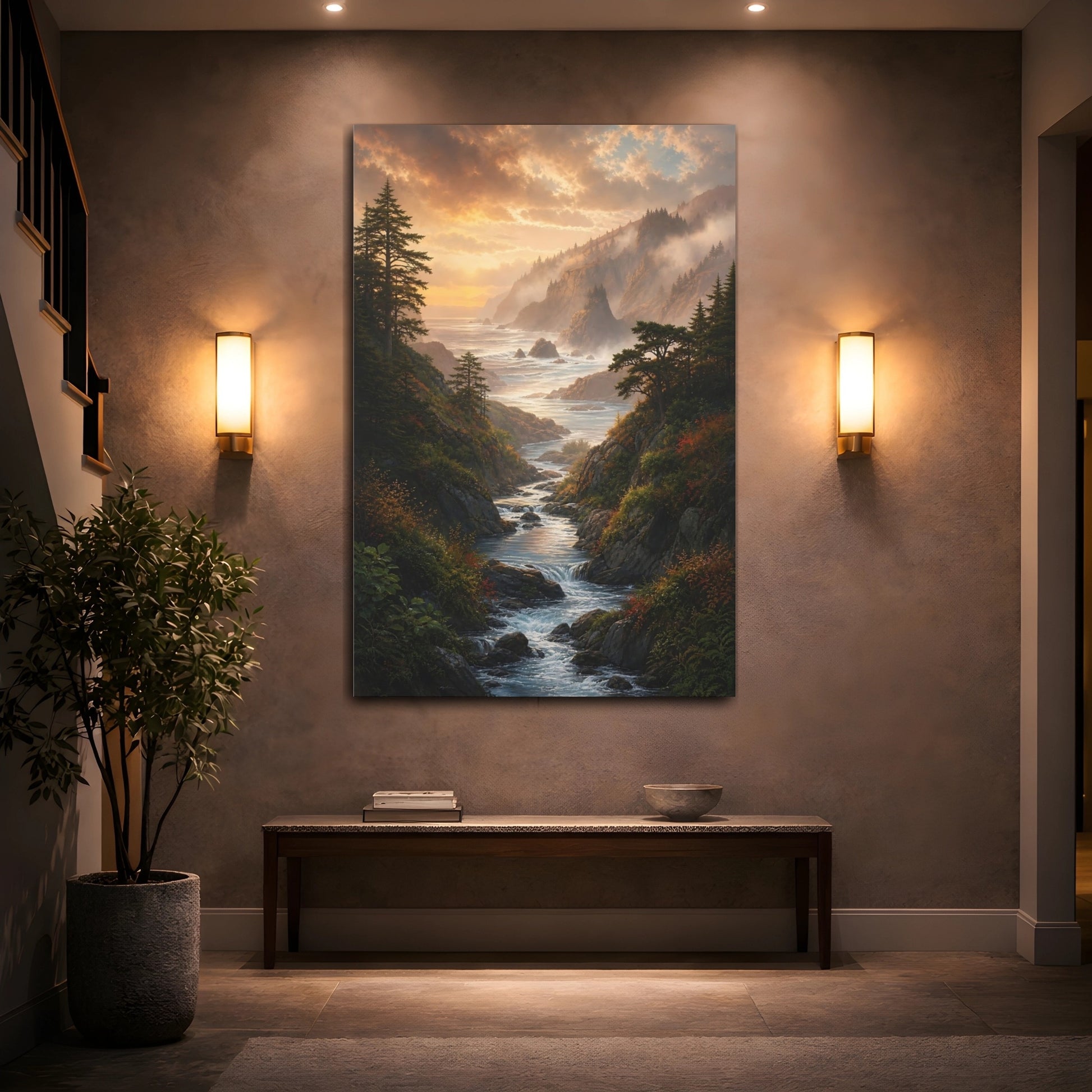 Mockup 2. Nature Coastal River Golden Coastal River shown as stretched canvas wall art