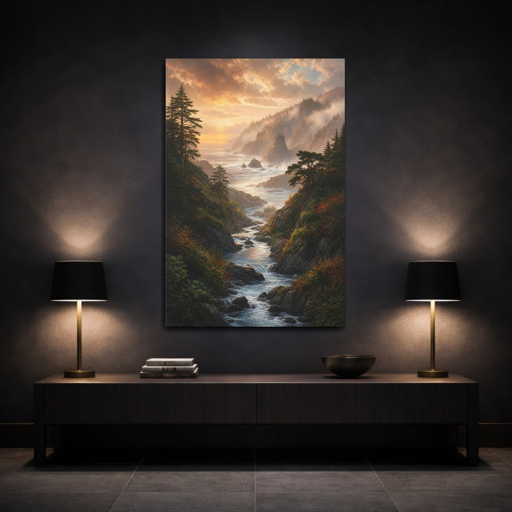Mockup 3. Nature Coastal River Golden Coastal River shown as stretched canvas wall art