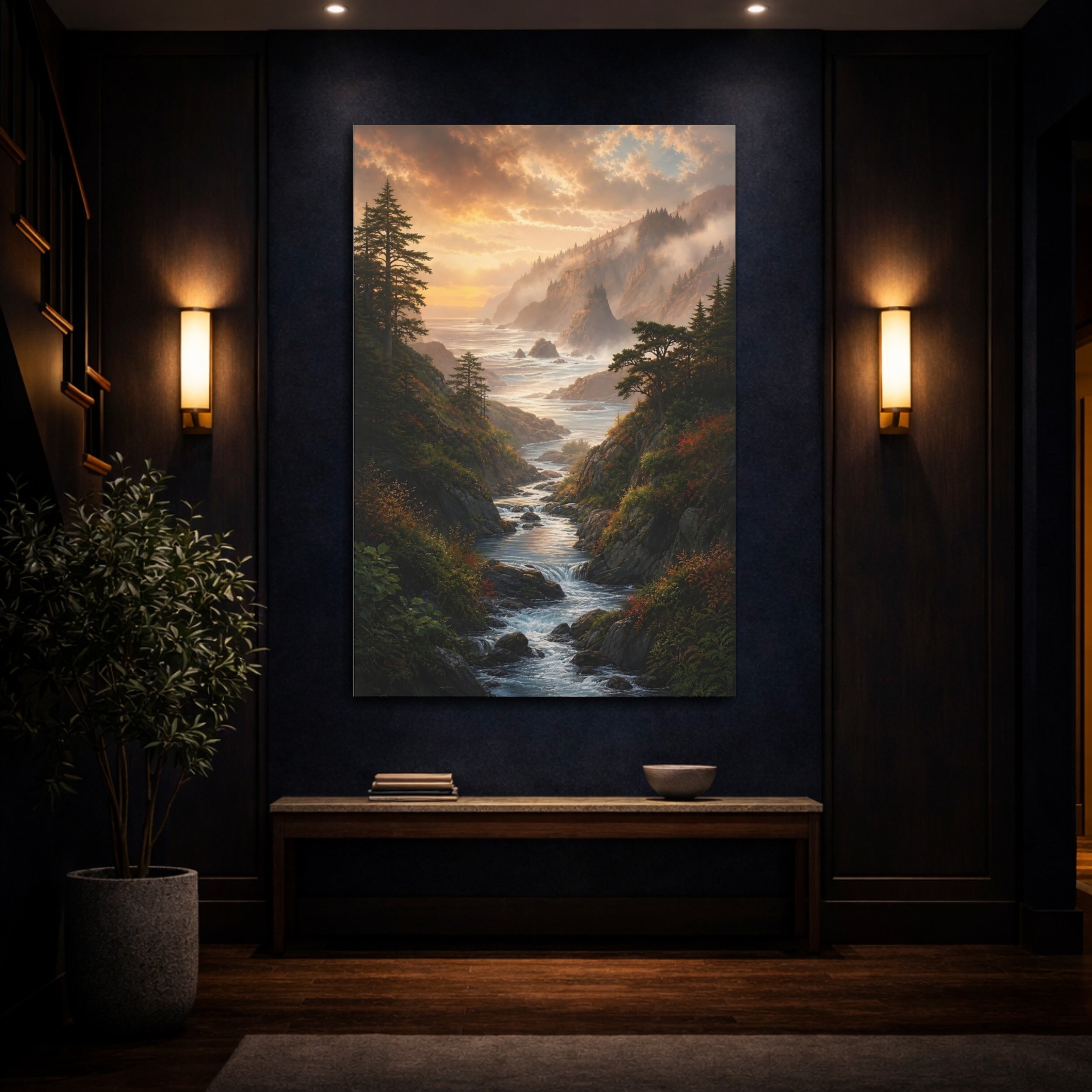 Mockup 4. Nature Coastal River Golden Coastal River shown as stretched canvas wall art