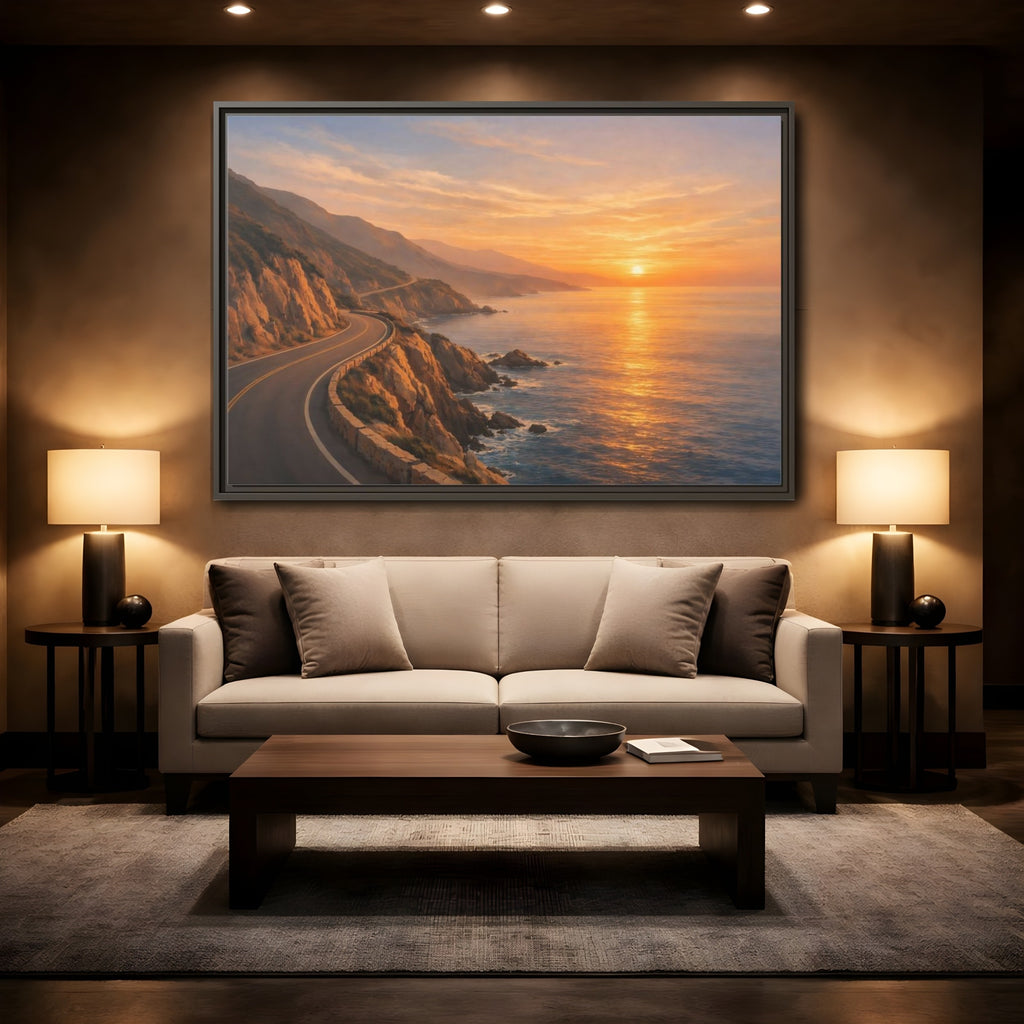 Mockup 2. Nature Coastal Road Sunset Coastal Road shown as stretched canvas wall art