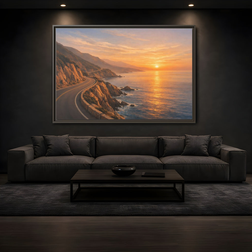 Mockup 3. Nature Coastal Road Sunset Coastal Road shown as stretched canvas wall art