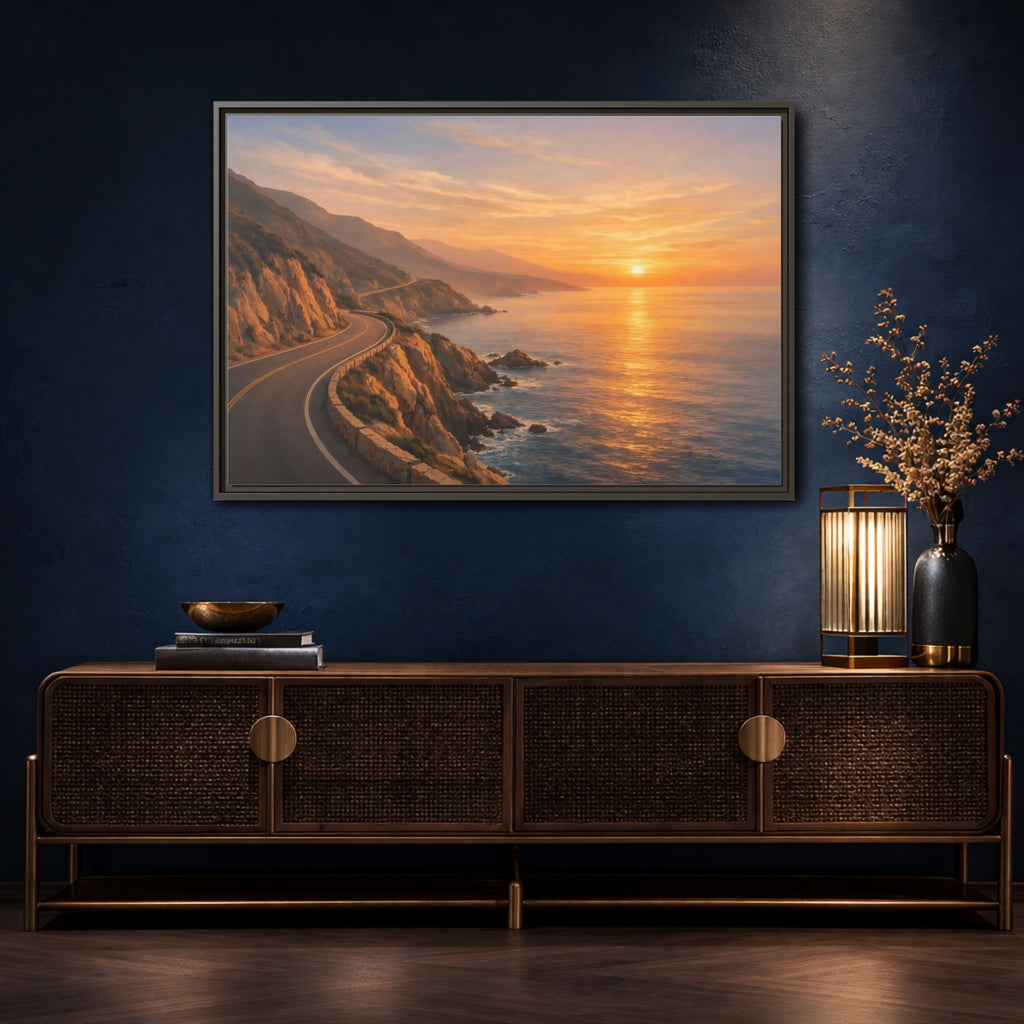 Mockup 4. Nature Coastal Road Sunset Coastal Road shown as stretched canvas wall art
