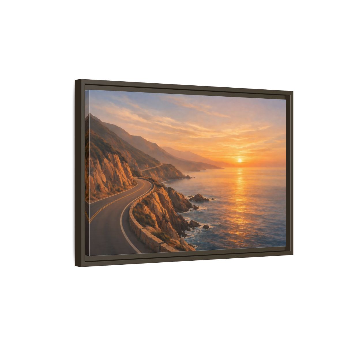 Side Mockup 2. Nature Coastal Road Sunset Coastal Road shown as stretched canvas wall art