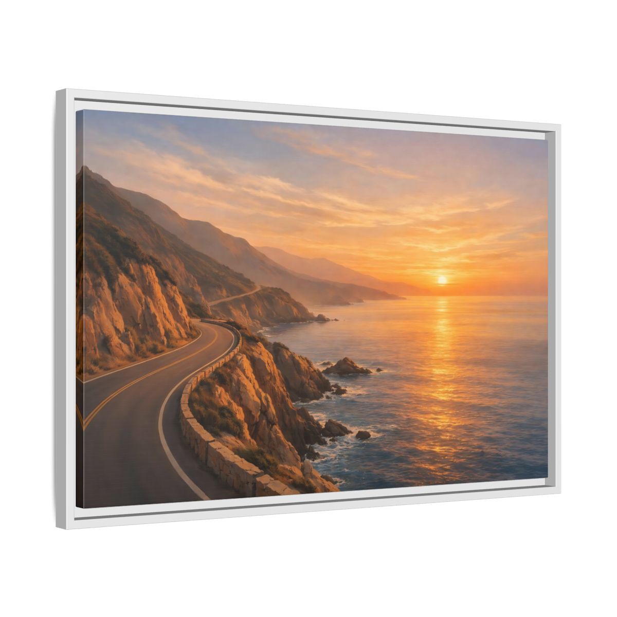 Side Mockup 10. Nature Coastal Road Sunset Coastal Road shown as stretched canvas wall art