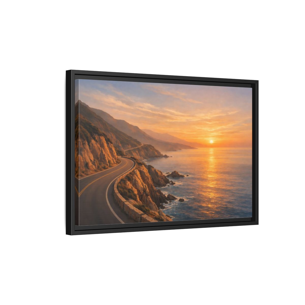Side Mockup 3. Nature Coastal Road Sunset Coastal Road shown as stretched canvas wall art