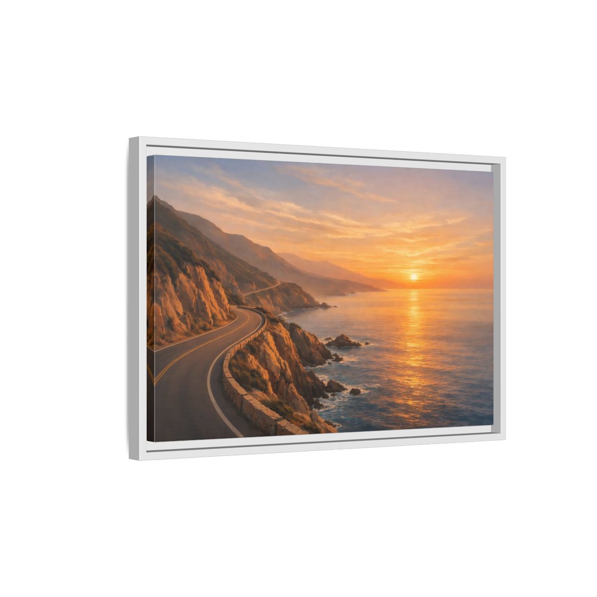Side Mockup 1. Nature Coastal Road Sunset Coastal Road shown as stretched canvas wall art