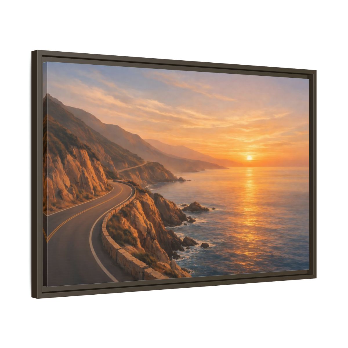 Side Mockup 11. Nature Coastal Road Sunset Coastal Road shown as stretched canvas wall art
