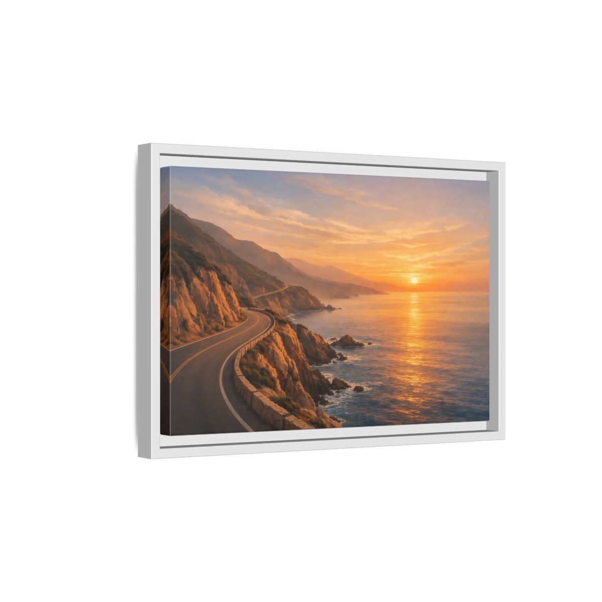Side Mockup 4. Nature Coastal Road Sunset Coastal Road shown as stretched canvas wall art