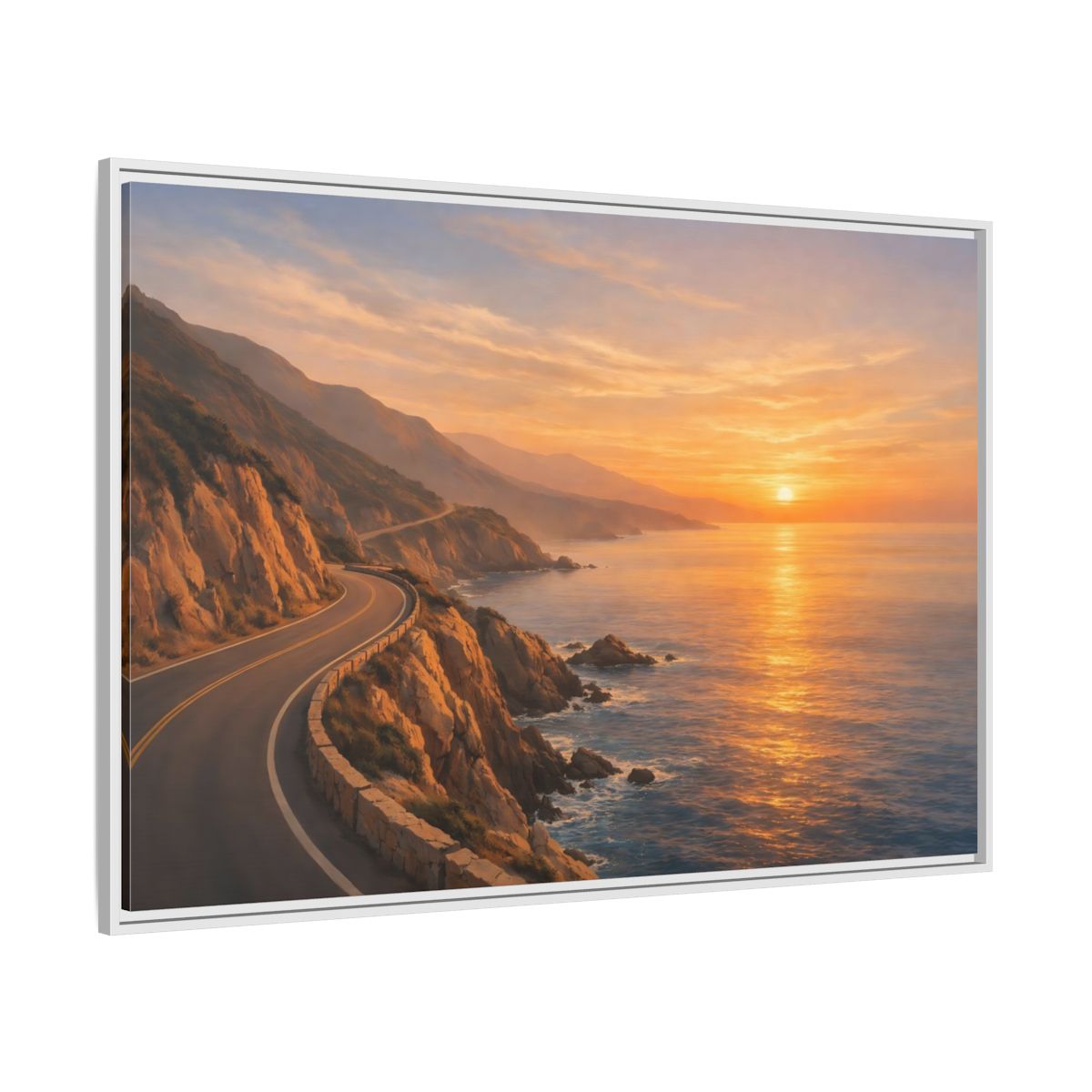Side Mockup 7. Nature Coastal Road Sunset Coastal Road shown as stretched canvas wall art