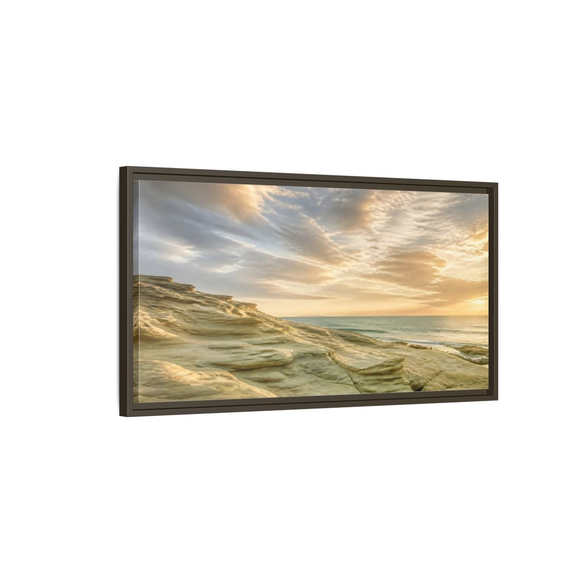 Main Mockup. Nature Coastal Rocks Golden Hour Coast shown as stretched canvas wall art
