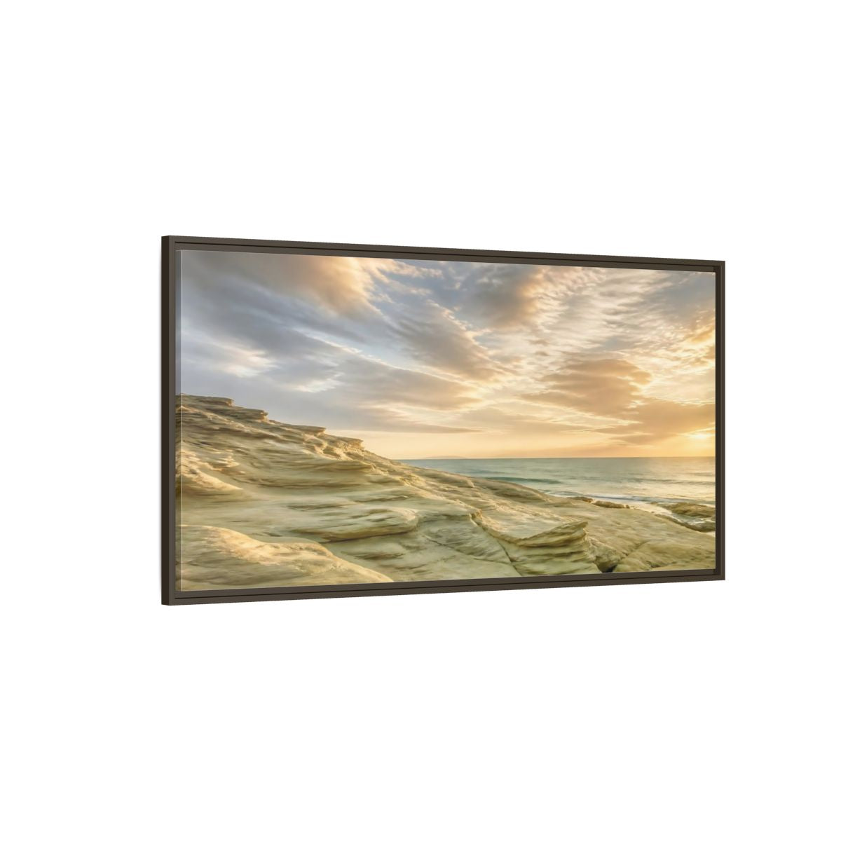 Side Mockup 4. Nature Coastal Rocks Golden Hour Coast shown as stretched canvas wall art