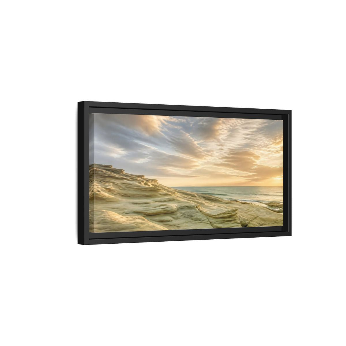 Side Mockup 8. Nature Coastal Rocks Golden Hour Coast shown as stretched canvas wall art