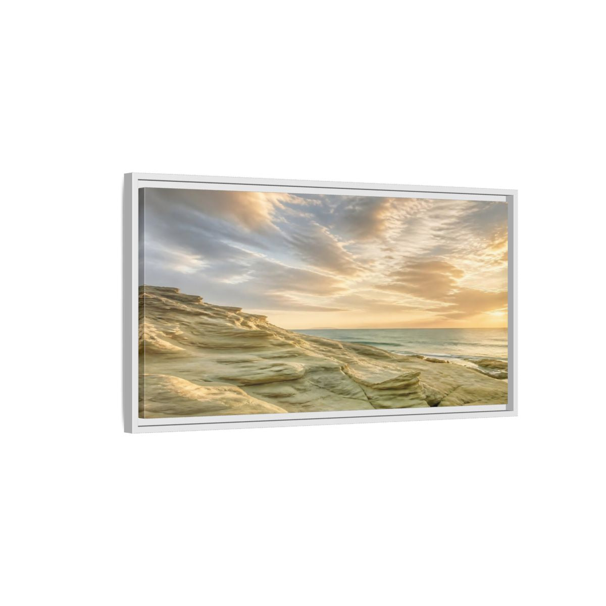 Side Mockup 1. Nature Coastal Rocks Golden Hour Coast shown as stretched canvas wall art