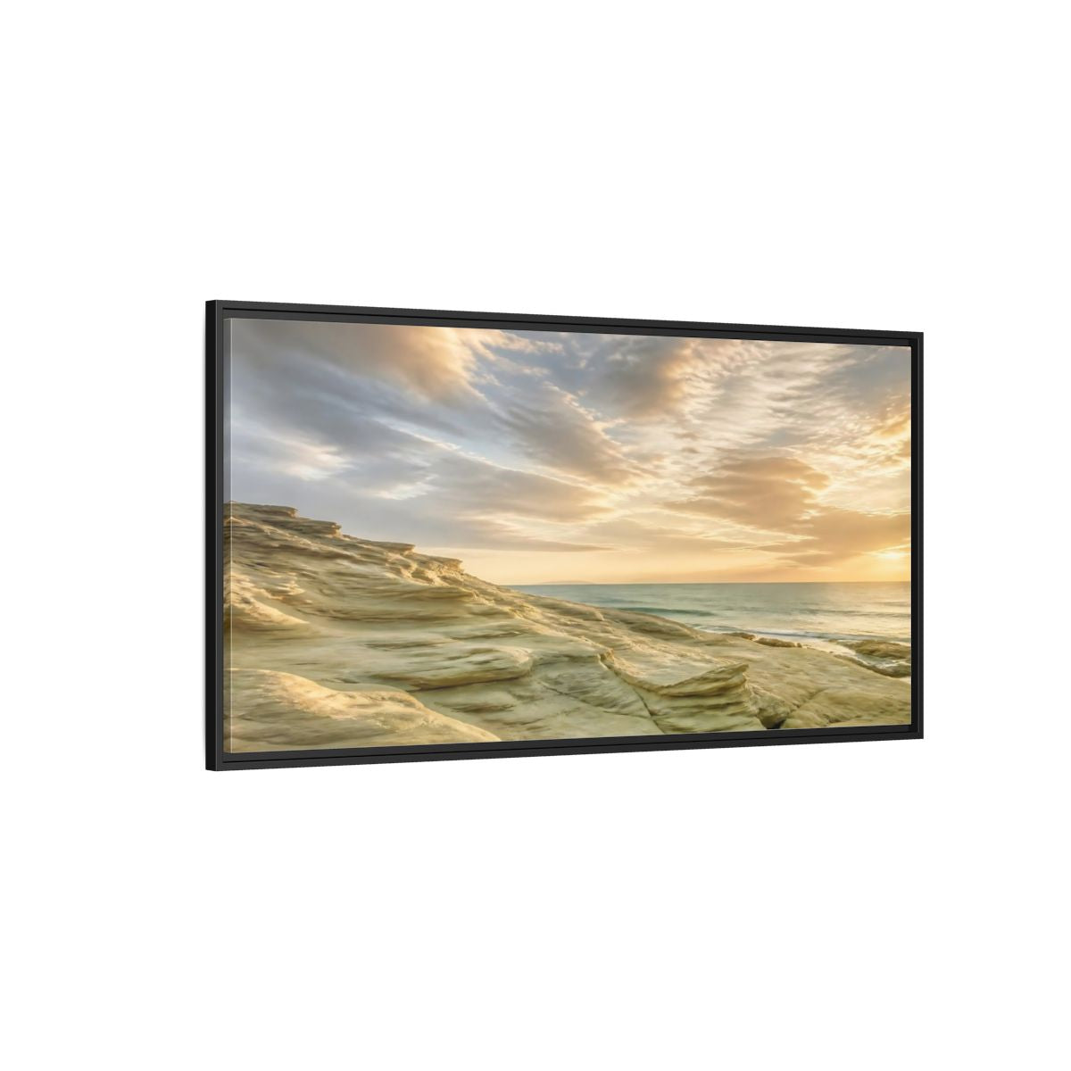 Side Mockup 5. Nature Coastal Rocks Golden Hour Coast shown as stretched canvas wall art