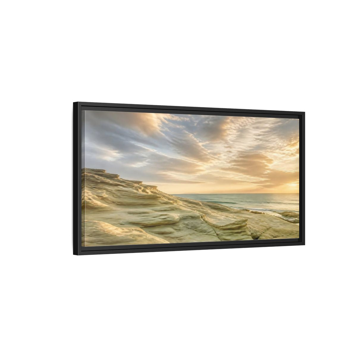 Side Mockup 2. Nature Coastal Rocks Golden Hour Coast shown as stretched canvas wall art