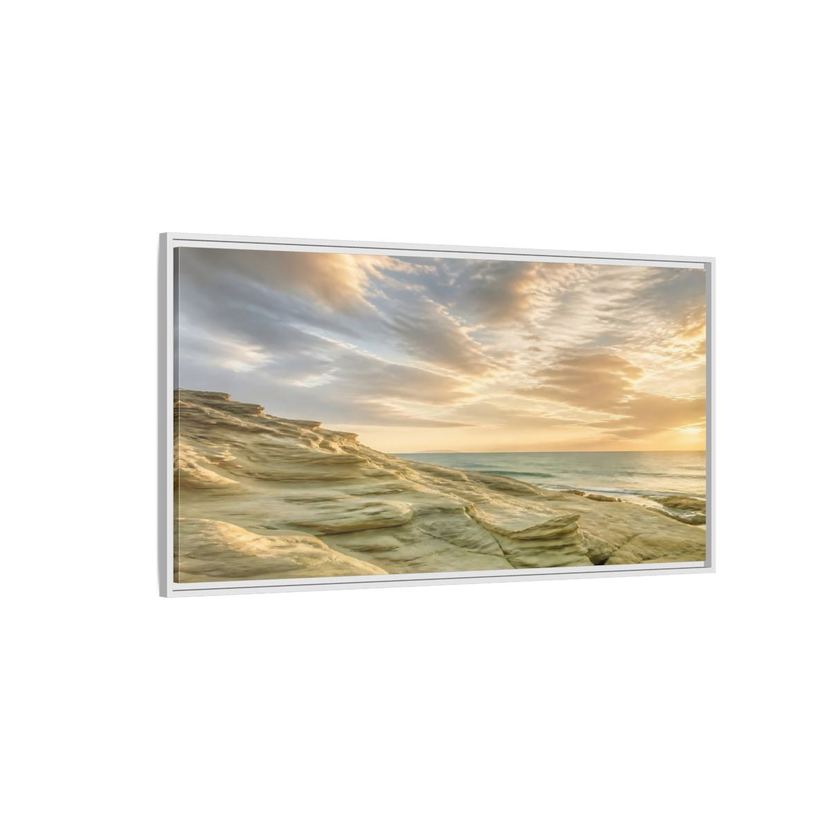 Side Mockup 3. Nature Coastal Rocks Golden Hour Coast shown as stretched canvas wall art