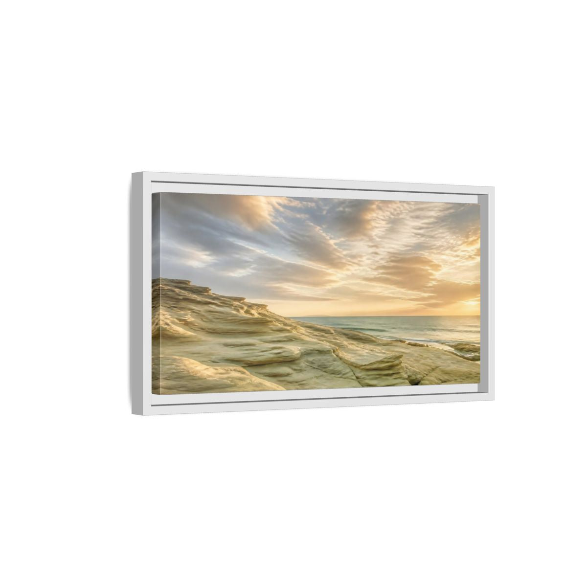 Side Mockup 6. Nature Coastal Rocks Golden Hour Coast shown as stretched canvas wall art