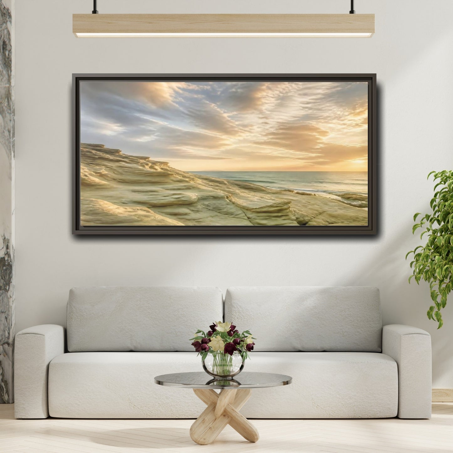 Mockup 2. Nature Coastal Rocks Golden Hour Coast shown as stretched canvas wall art