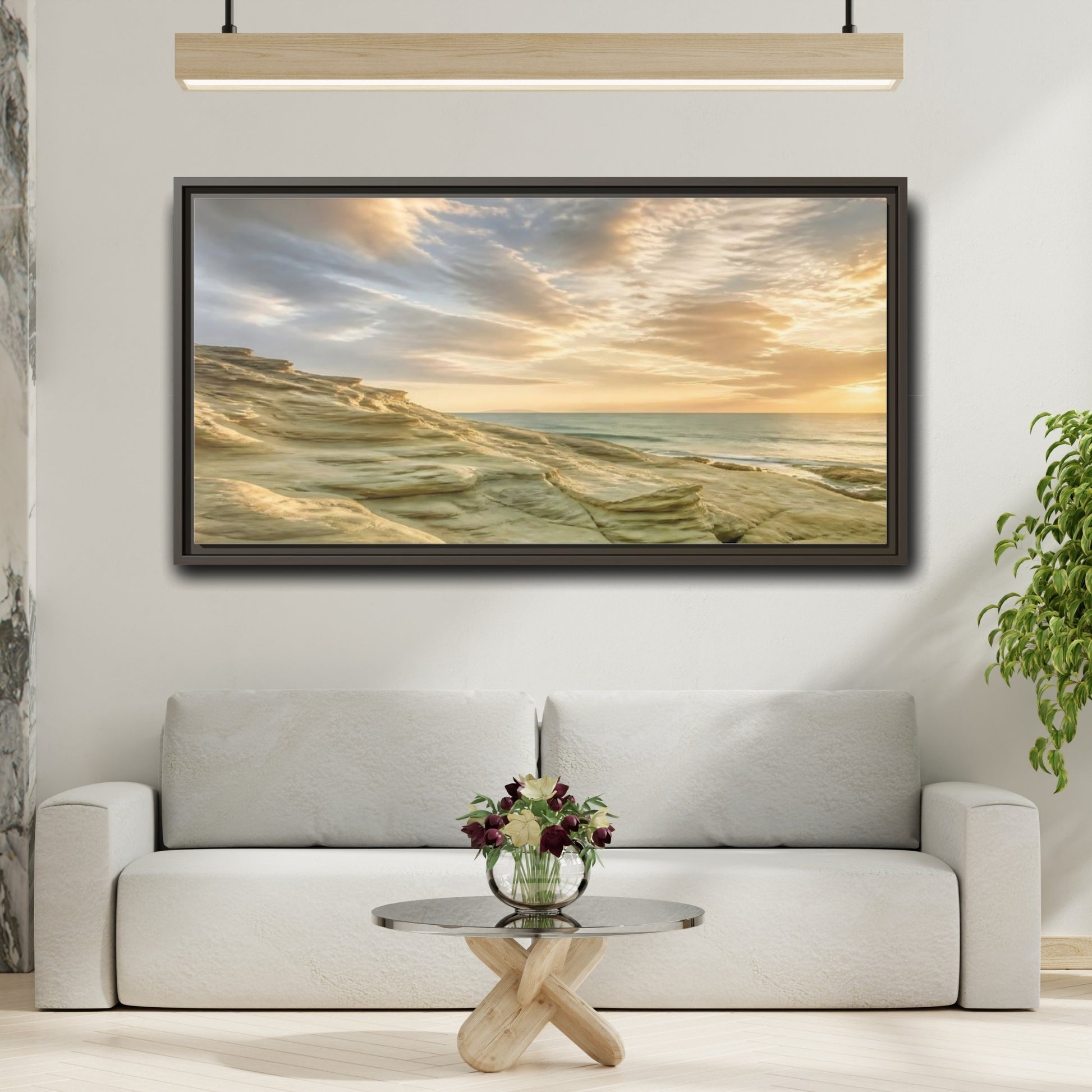 Mockup 2. Nature Coastal Rocks Golden Hour Coast shown as stretched canvas wall art