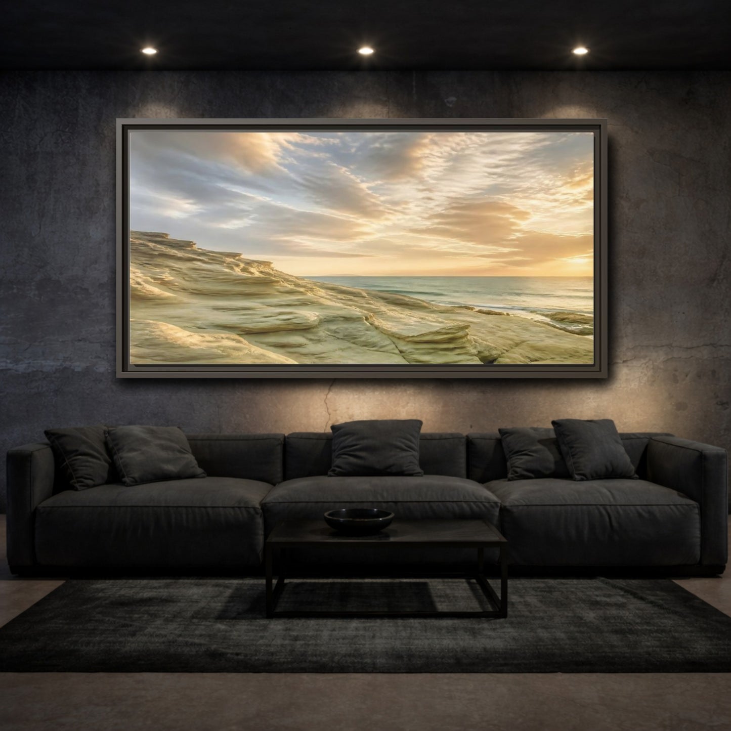 Mockup 3. Nature Coastal Rocks Golden Hour Coast shown as stretched canvas wall art
