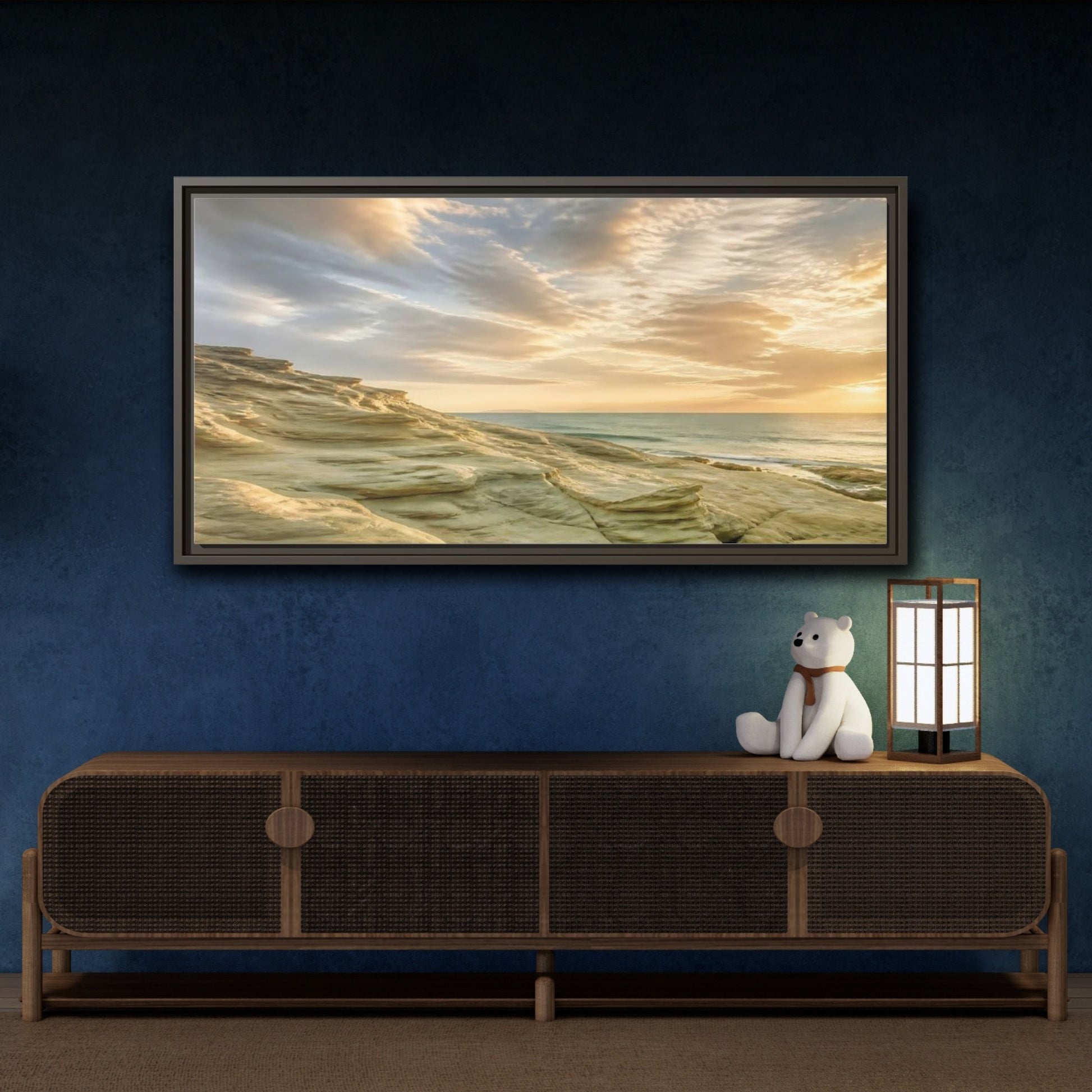 Mockup 4. Nature Coastal Rocks Golden Hour Coast shown as stretched canvas wall art
