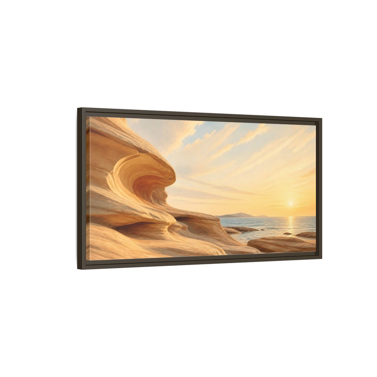 Main Mockup. Nature Coastal Rocks Warm Coastal Sunset shown as stretched canvas wall art