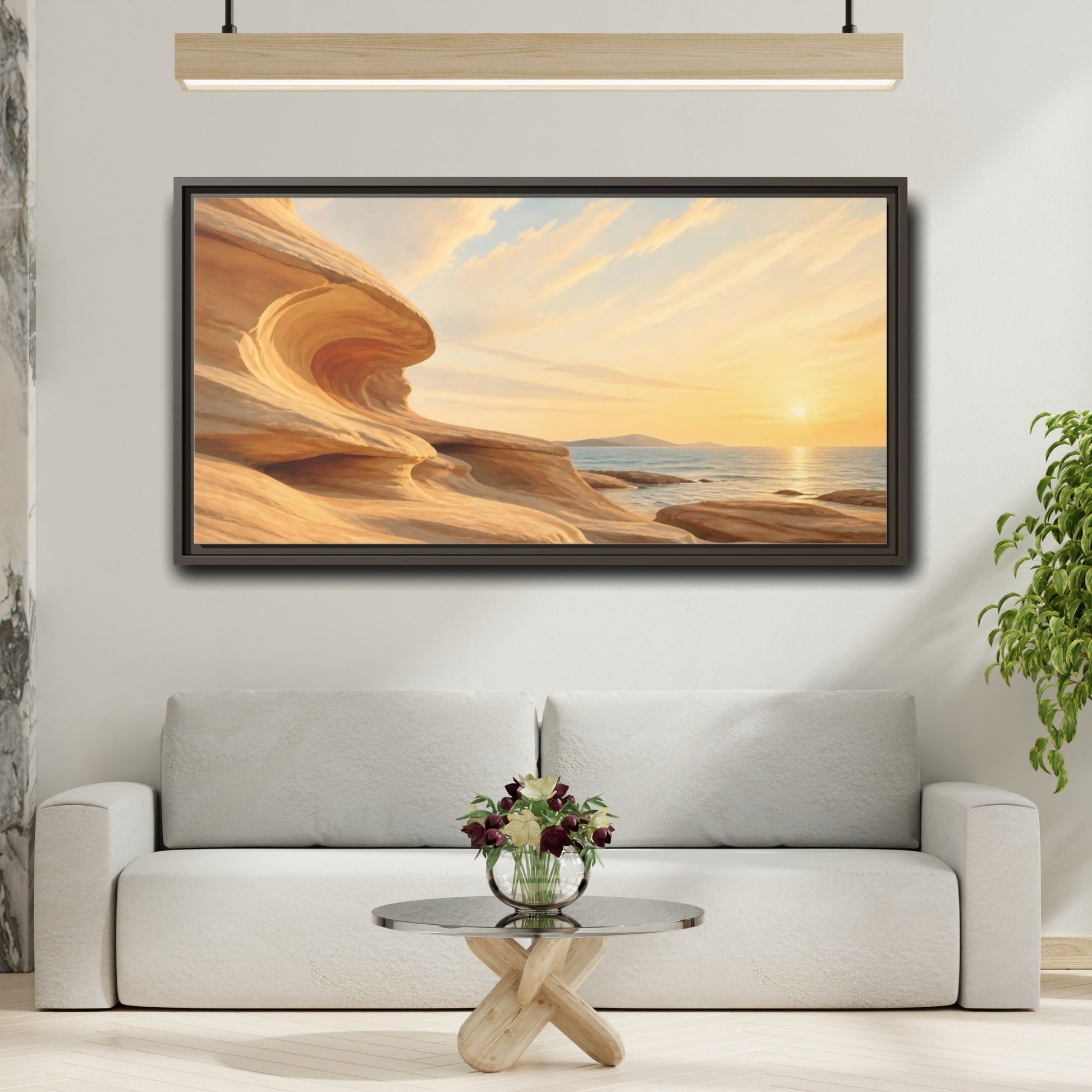 Mockup 2. Nature Coastal Rocks Warm Coastal Sunset shown as stretched canvas wall art