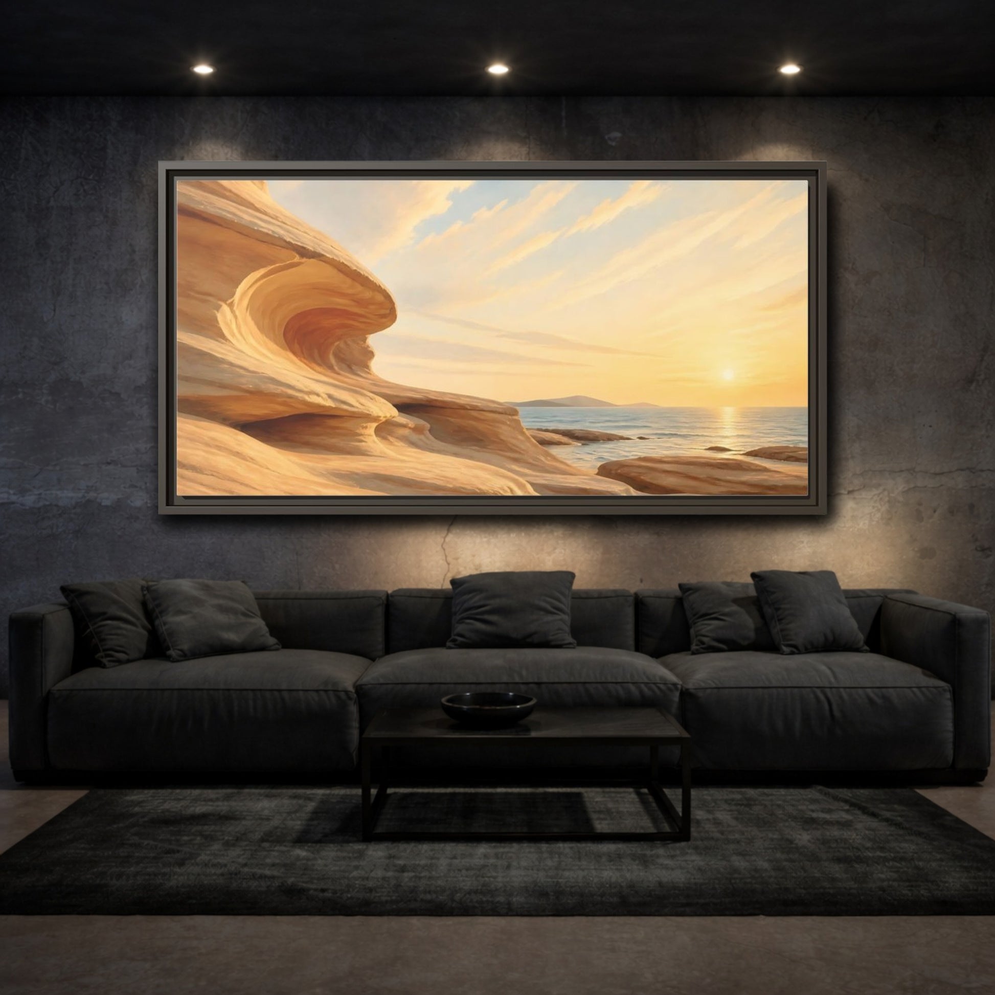 Mockup 3. Nature Coastal Rocks Warm Coastal Sunset shown as stretched canvas wall art