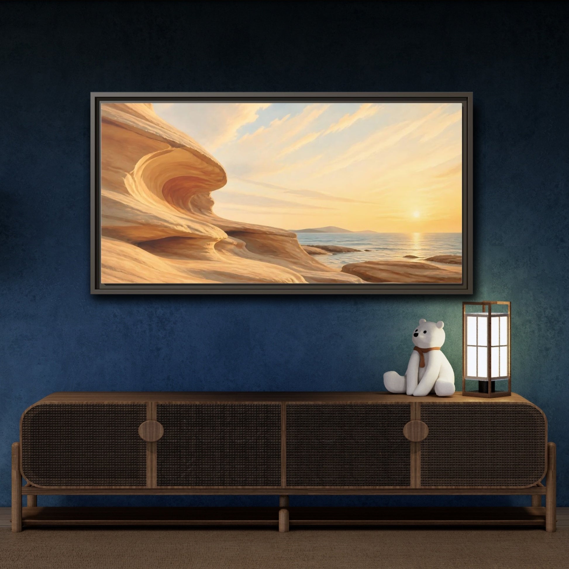 Mockup 4. Nature Coastal Rocks Warm Coastal Sunset shown as stretched canvas wall art
