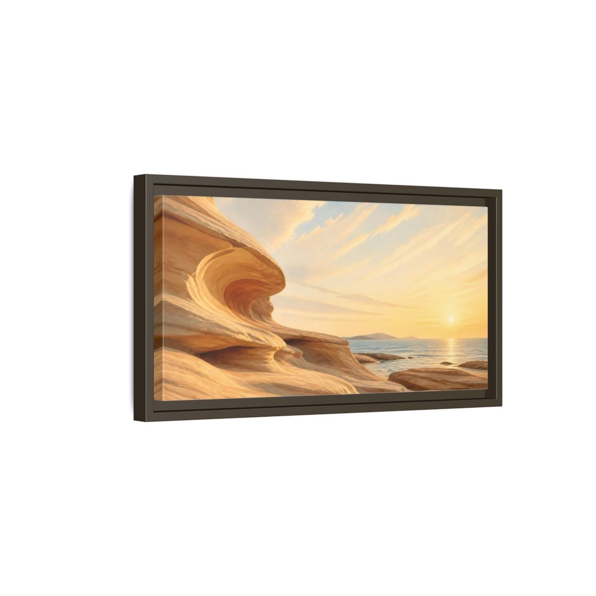 Side Mockup 7. Nature Coastal Rocks Warm Coastal Sunset shown as stretched canvas wall art