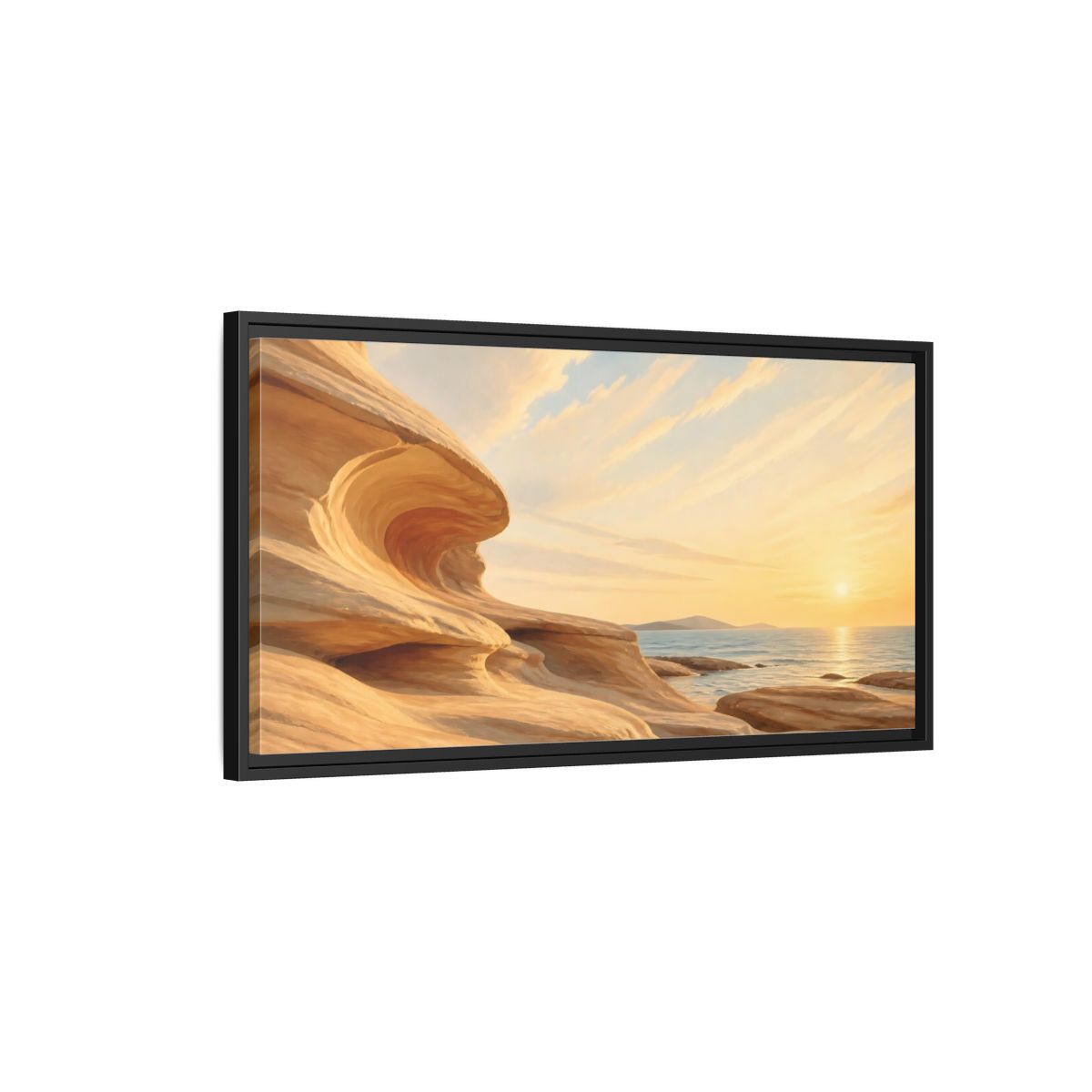 Side Mockup 2. Nature Coastal Rocks Warm Coastal Sunset shown as stretched canvas wall art