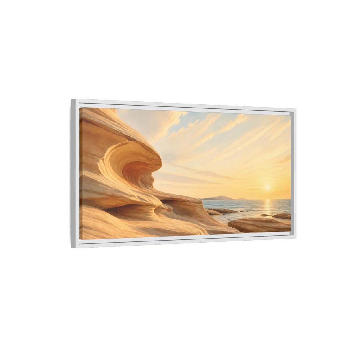 Side Mockup 1. Nature Coastal Rocks Warm Coastal Sunset shown as stretched canvas wall art