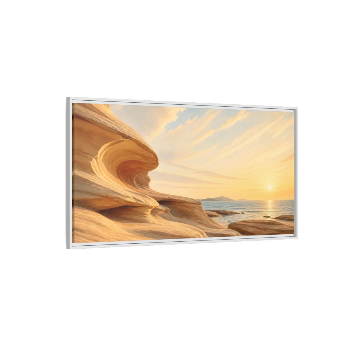 Side Mockup 3. Nature Coastal Rocks Warm Coastal Sunset shown as stretched canvas wall art