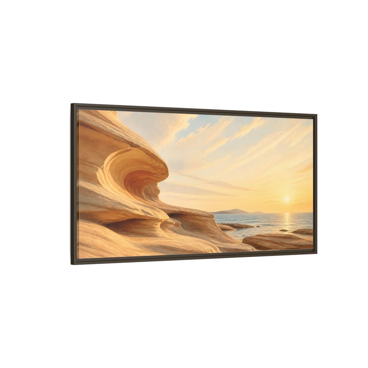 Side Mockup 4. Nature Coastal Rocks Warm Coastal Sunset shown as stretched canvas wall art