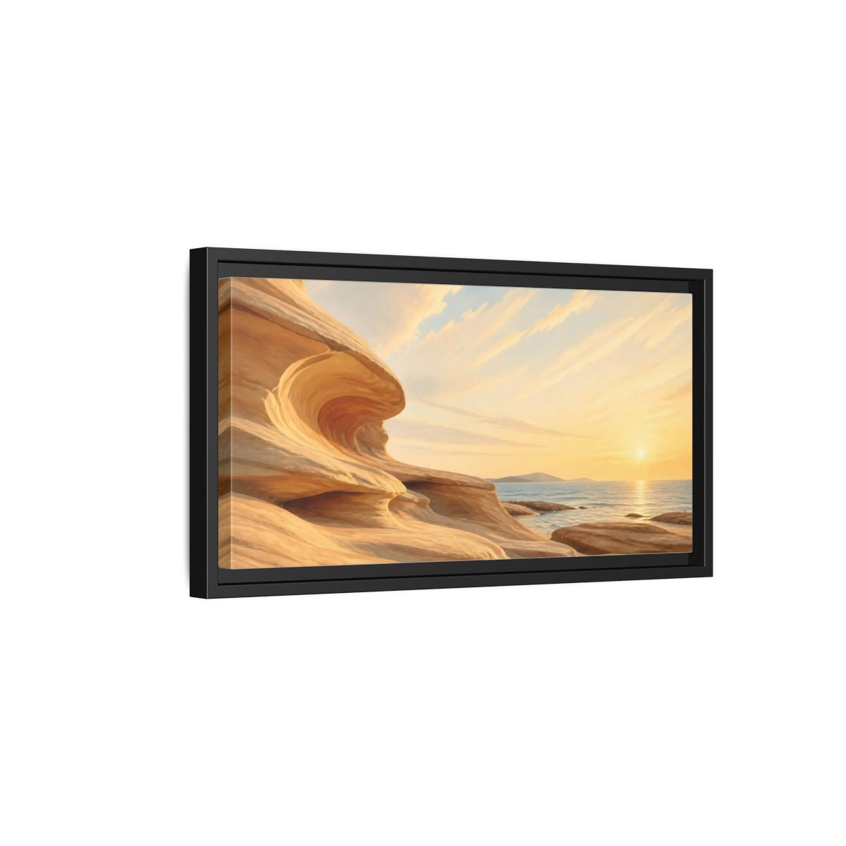 Side Mockup 8. Nature Coastal Rocks Warm Coastal Sunset shown as stretched canvas wall art
