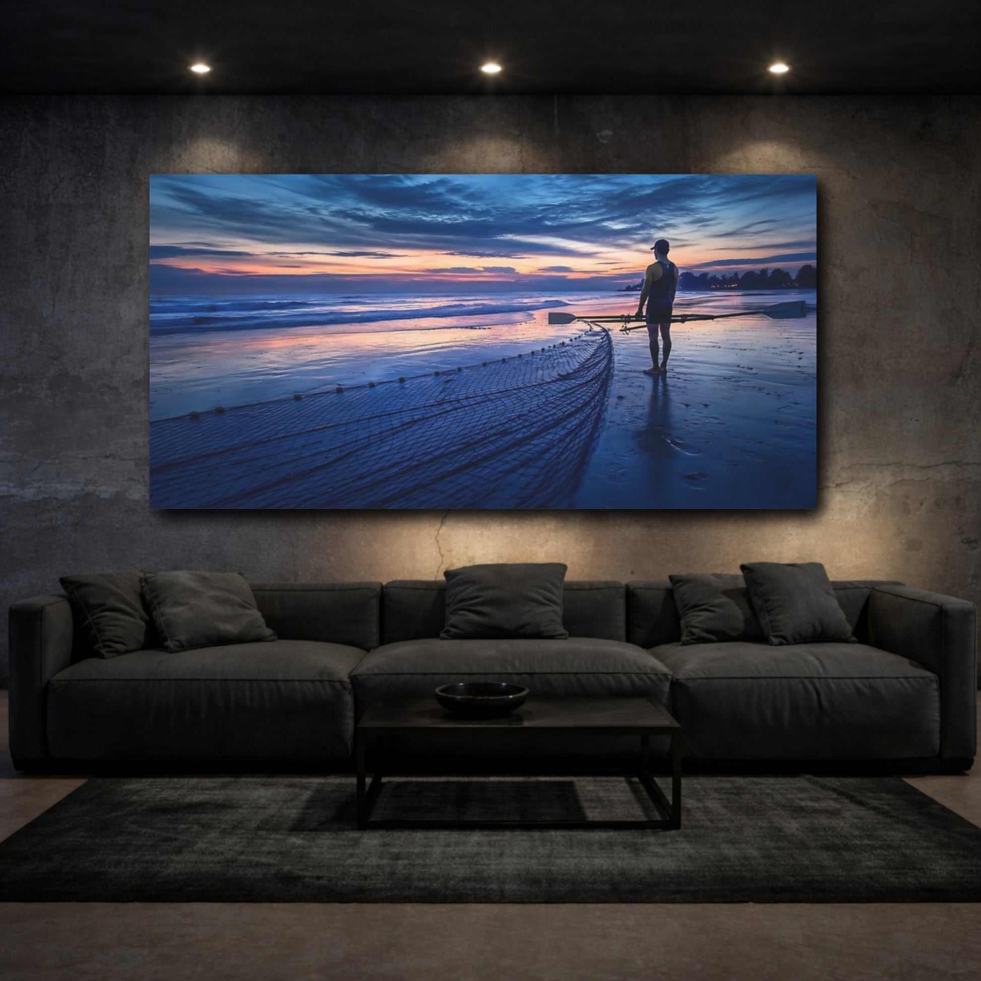 Mockup 4. Nature Coastal Rower Blue Orange Rower shown as canvas print