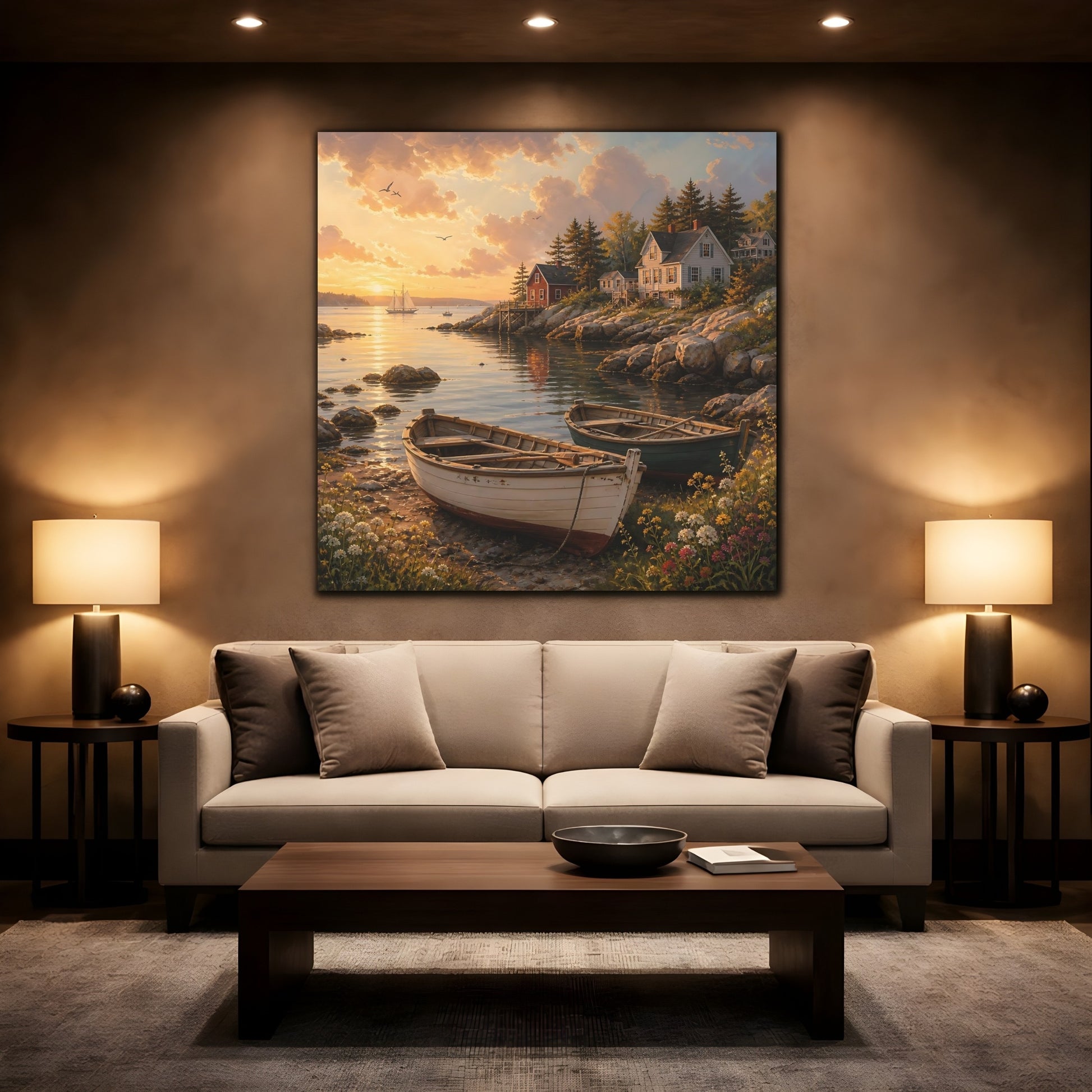 Mockup 2. Nature Coastal Scene Coastal Sunset shown as stretched canvas wall art