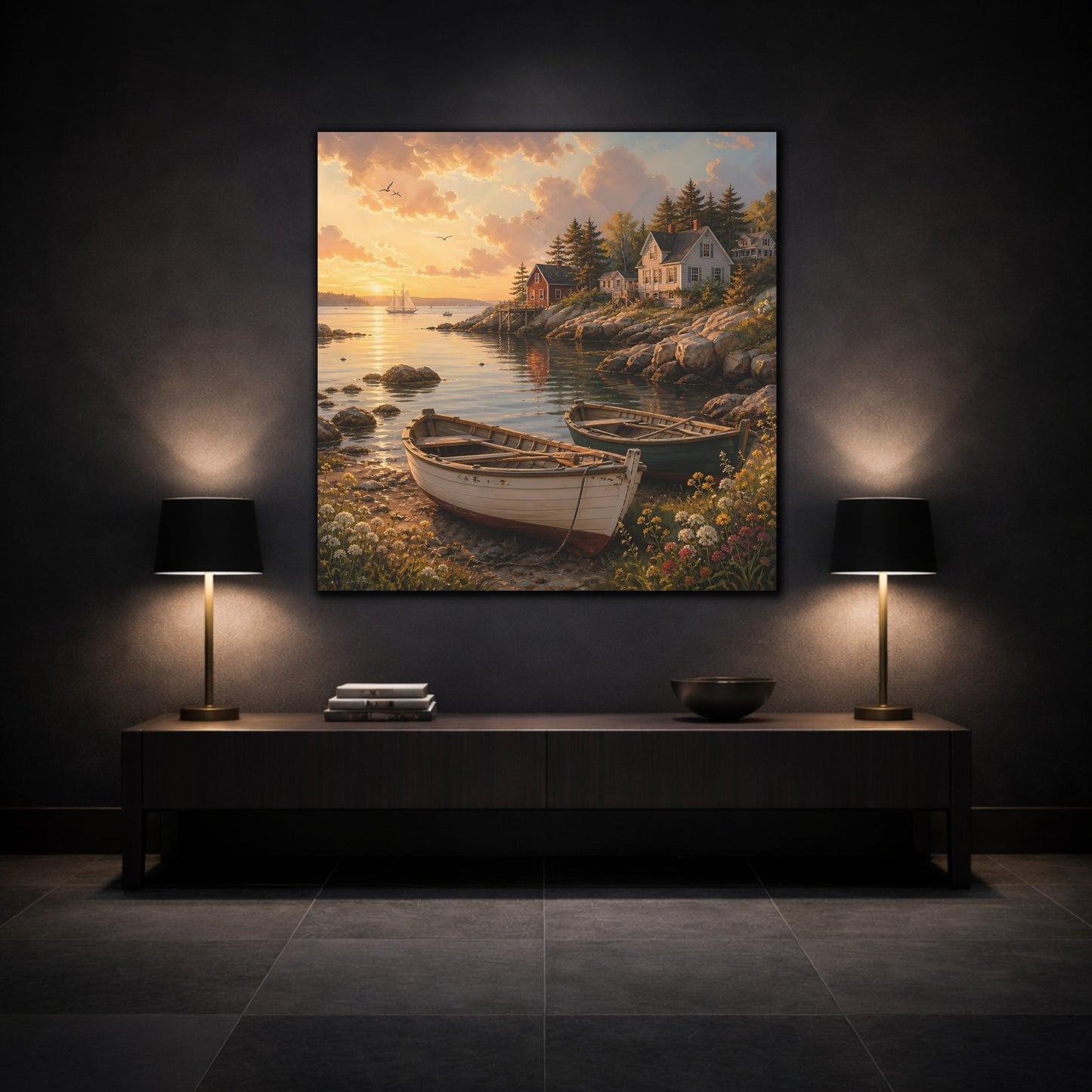 Mockup 3. Nature Coastal Scene Coastal Sunset shown as stretched canvas wall art