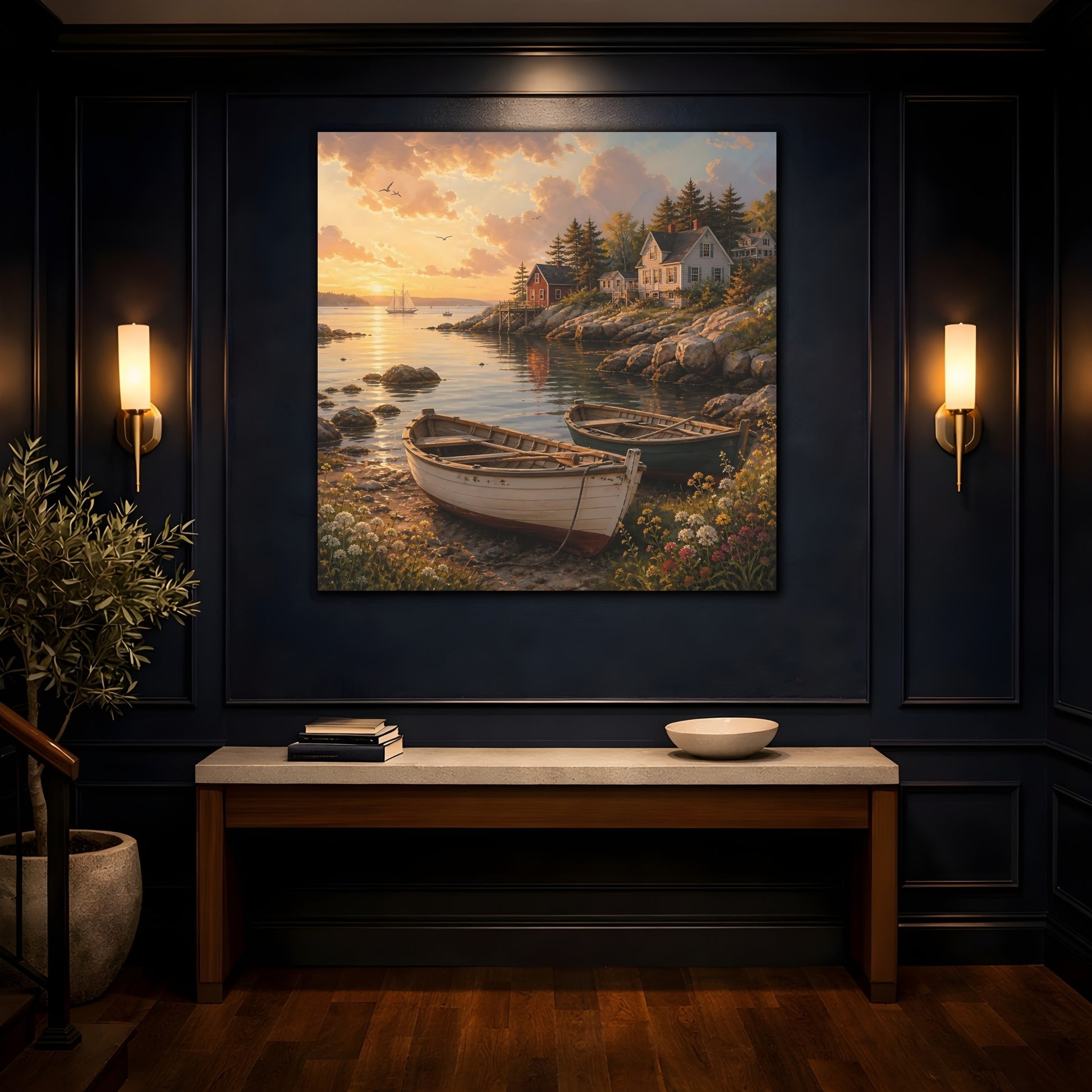 Mockup 4. Nature Coastal Scene Coastal Sunset shown as stretched canvas wall art