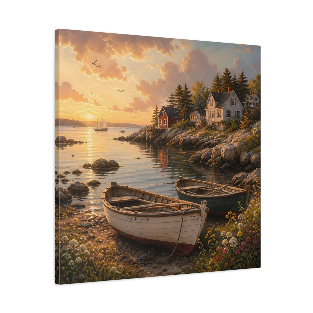 Side Mockup 3. Nature Coastal Scene Coastal Sunset shown as stretched canvas wall art