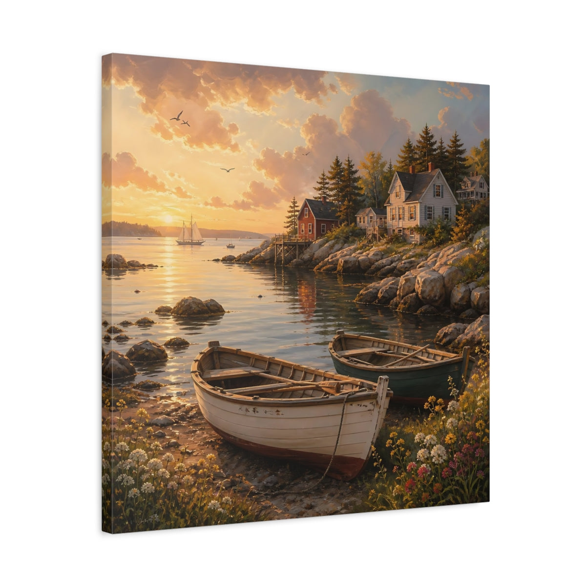 Side Mockup 4. Nature Coastal Scene Coastal Sunset shown as stretched canvas wall art
