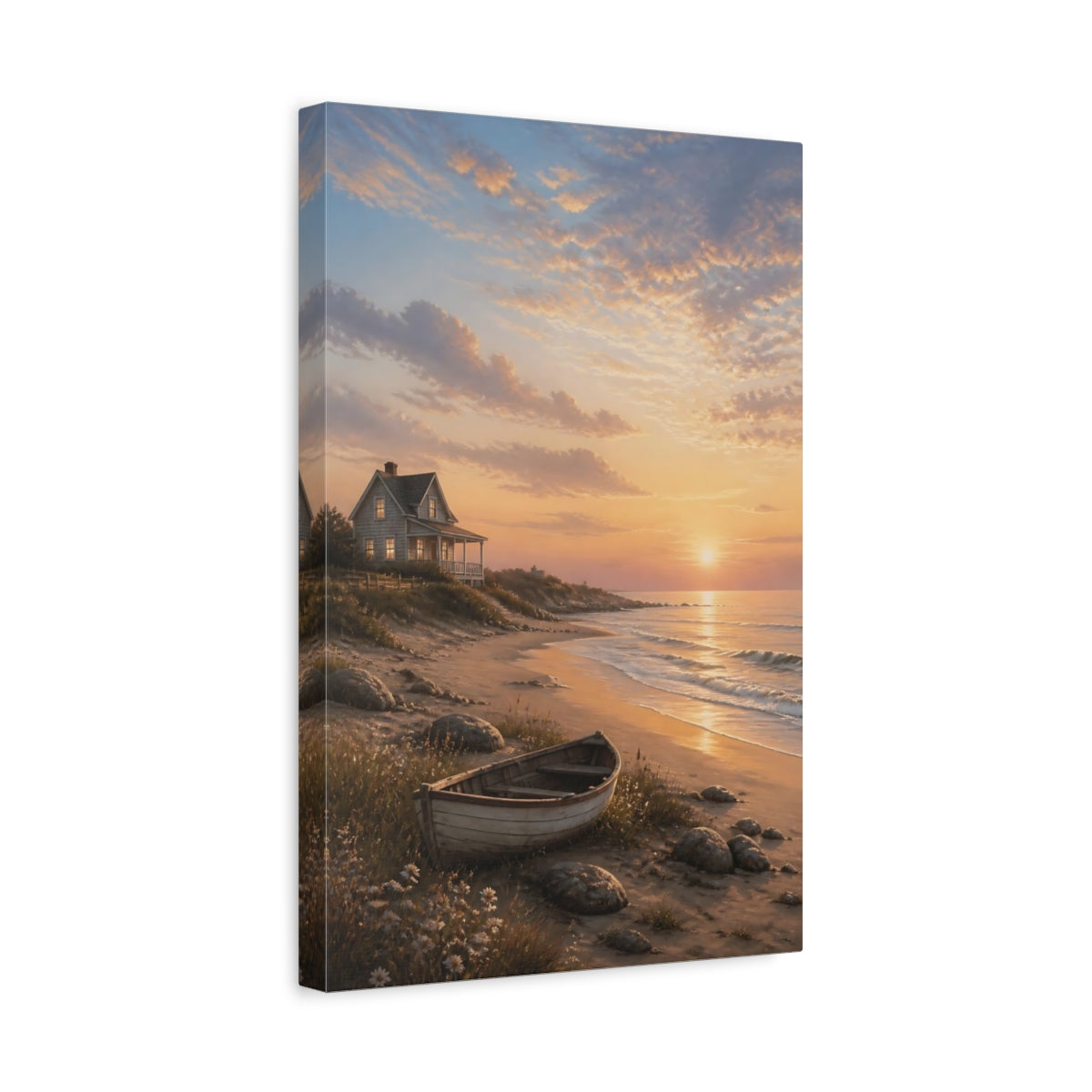 Side Mockup 4. Nature Coastal Sunset Coastal Sunset shown as stretched canvas wall art